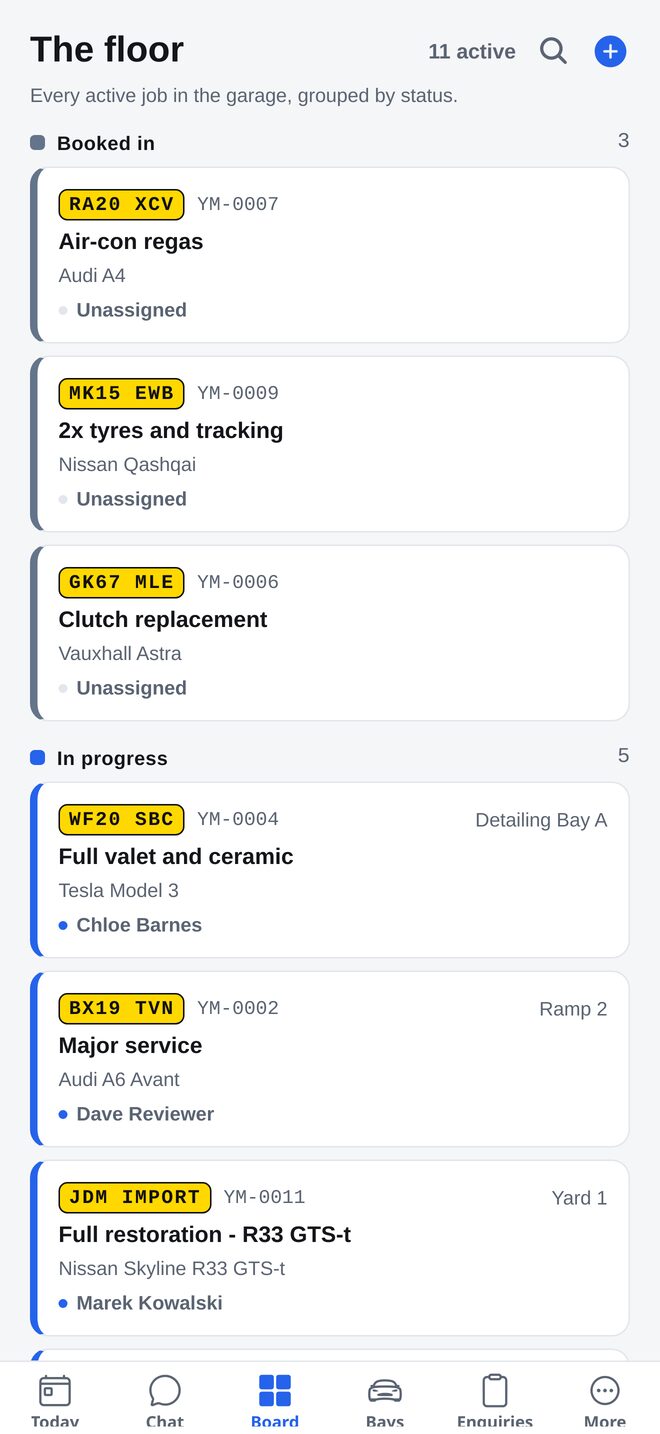 The job board on the app grouped by status
