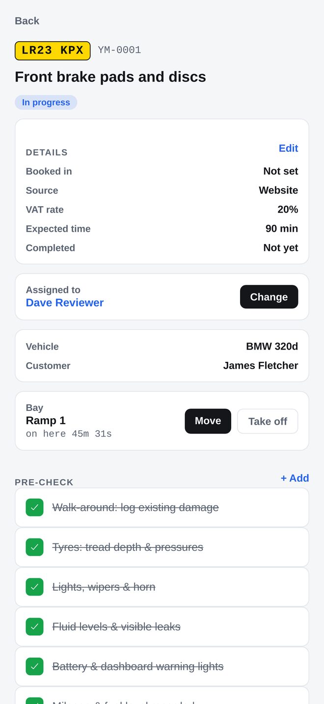 A job card on the app showing checks, labour and parts