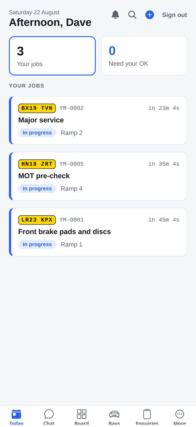 The Today screen listing a technician's jobs with registration, status and bay